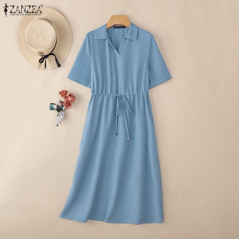 ZANZEA Women Casual Turn Down Collar Summer Short Sleeve Dress