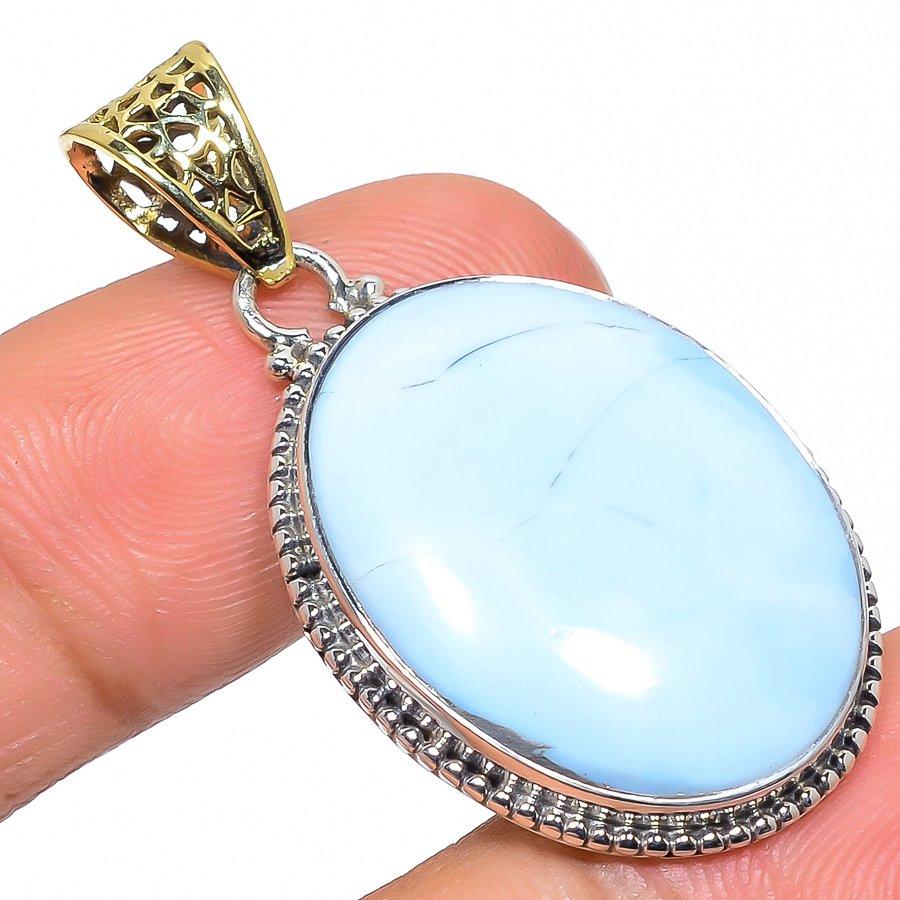 

Natural Owyhee Blue Opal Gemstone 925 Sterling Silver TwoTone Pendant 1.77 C8g48