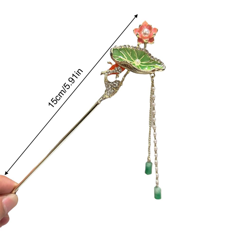 New Chinese Style Alloy Hair Sticks Forks Lotus Flower Decor Pearls Chain Pendant Hairpins Women Girls Hair Bun Maker Jewelry