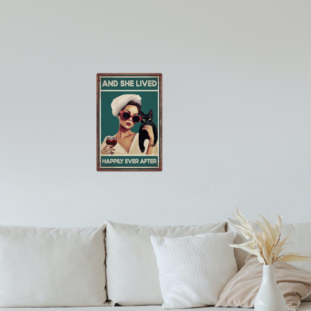 1pc Black Cat Vintage Metal Tin Sign, And She Lived Happily Ever After - Wall Art Decor for Kitchen Bar Cafe Restaurant Club