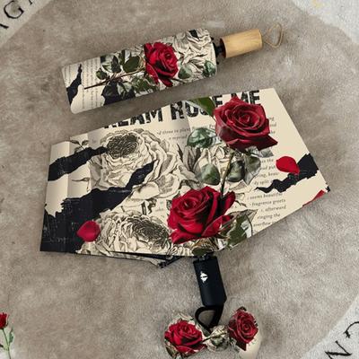 Rose Pattern Automatic Umbrella Three Folding Portable Sun Protection Umbrella Reinforced Frame Lightweight Folding Umbrella