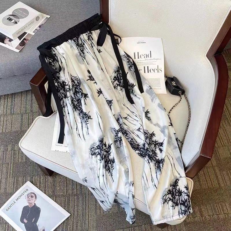 

WTEMPO Ink Painting National Style Ice Silk Wide-leg Pants Women s Summer Lightweight Tie-dye High-waisted Casual Loose Trousers XL белый