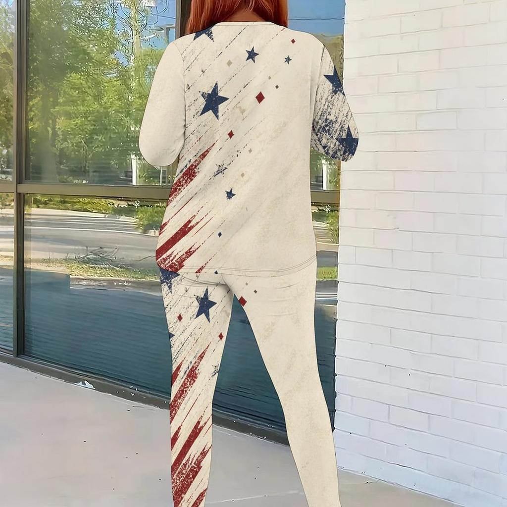 Women Plus Size Round Neck Long Sleeve Star Printed Top Fitted Pants Two Piece Set