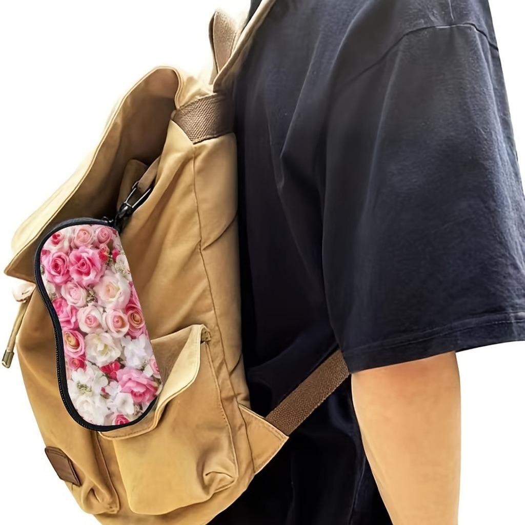 Rose Printed Sunglasses Case Portable Zipper Eyeglasses Pouch with Keychain Carabiner Waterproof Storage Bag Glasses Holder