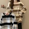 Women Striped Long Sleeve Sweatshirt Crew Neck Loose Fit Casual Mid Length Pullover Top for Spring Daily Student Outfit