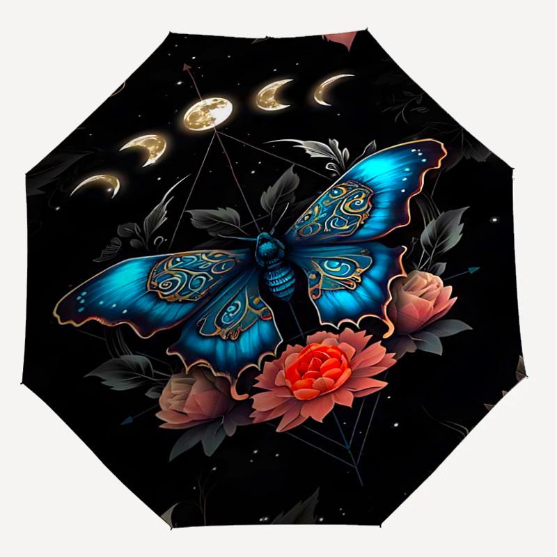 1pc Butterfly Moon phases Automatic Open/Close Umbrella with Windproof, 8-Rib Sturdy Canopy, Durable Ribs, Fashionable Design1138A
