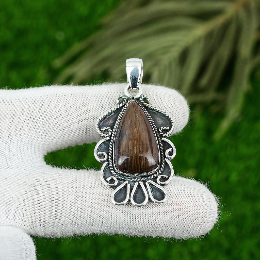Pear Iron Tiger Eye Stone 925 Silver Sister Bezel Birthday New Pendant Jewelry