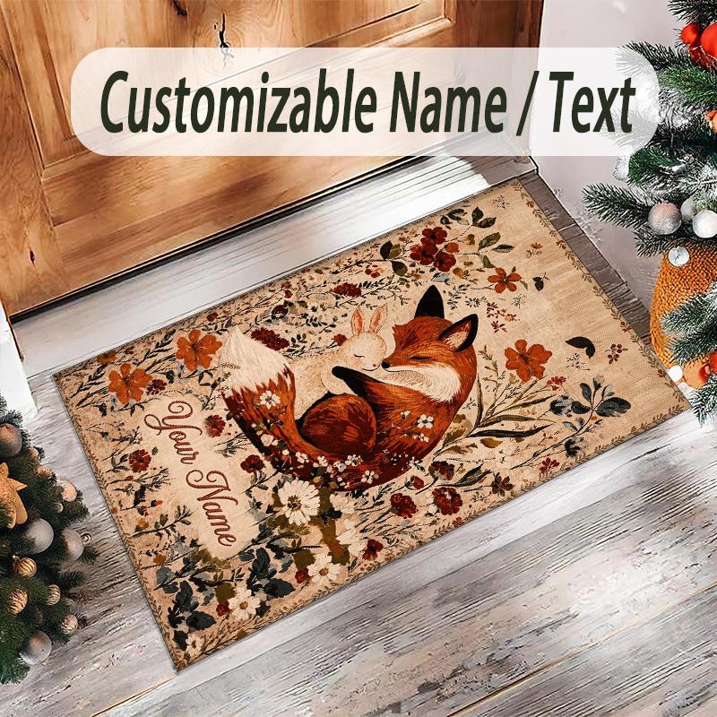 Fox Theme Crystal Velvet Floor Rug Personalized Custom Name Text Warm Carpet Home Decoration