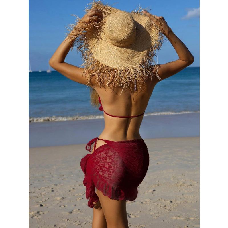 Womens Sexy Backless Lace Strappy Solid Color Three Piece Bikini Swimsuit