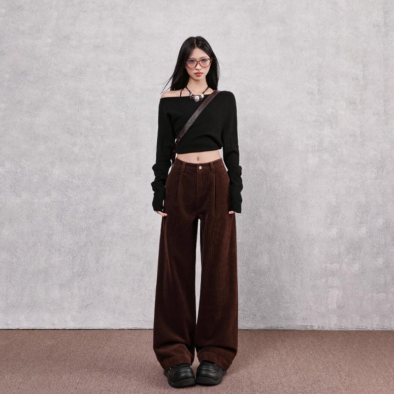 

2025 Нові Осінньо-Зимові Жіночі Стягуючі Штани з Високою Посадкою в Рубчик з Вельвету Широкого Крою Коричневого Кольору Extra Small