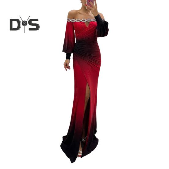 Abendkleid für Damen, schulterfrei, ausgehöhlt, Strass, Hochzeitskleid, schmales, plissiertes Maxikleid für den Abschlussball, lange Laternenärmel, geschlitzter Saum, Kontrastfarbe, Ballkleid