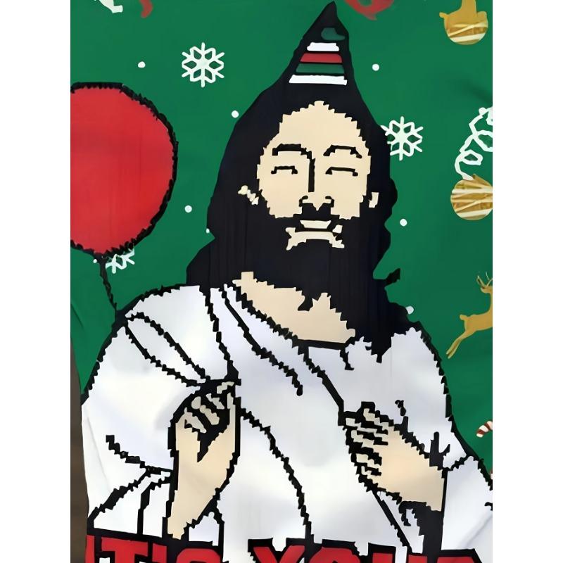 Santa Claus Printed T-shirt, Casual Crew Neck Funny Long-sleeved Top, Men's Clothing