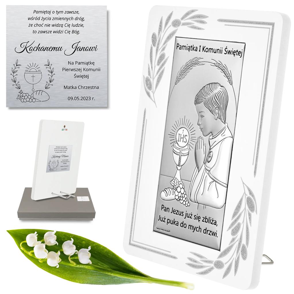 Silver Picture First Holy Communion Souvenir for a Boy with Engraving 6717OP-O 9.5 X 13 Cm