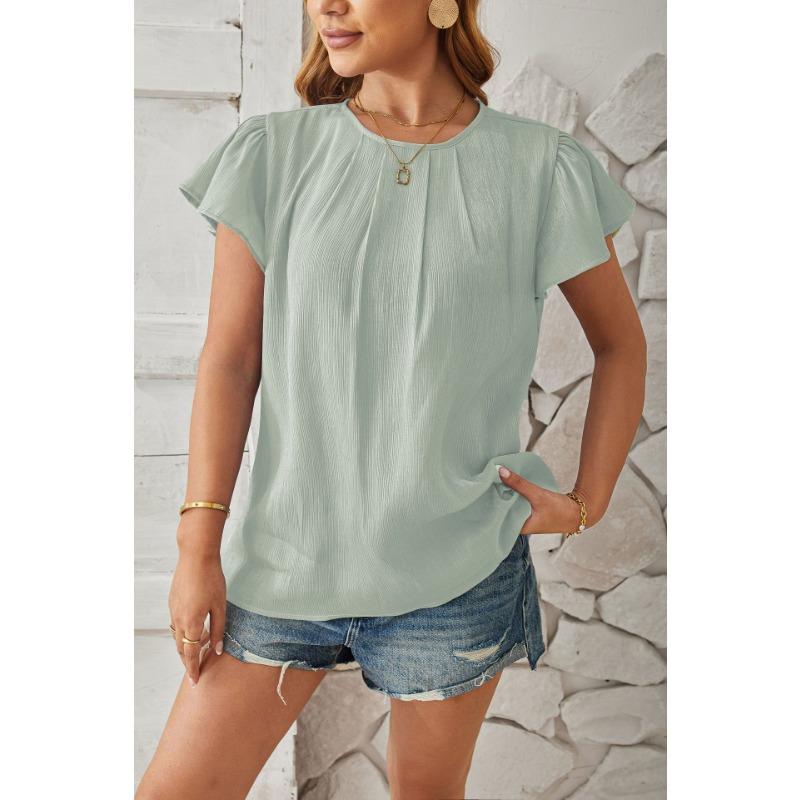 Summer New Round Neck Fashion Casual Women Blouse Short Sleeve Office Simple Office Tops Ladies Fashion Elegant Solid Color Loose Petal Sleeves Shirt