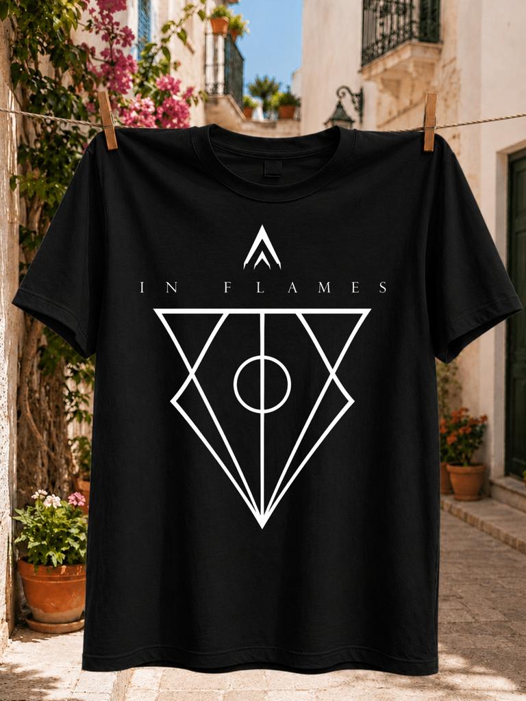 Minimalist Graphic With In Flames Text And Geometric Clean Symmetrical Front Print Tee Unisex All Unisex All Tshirt