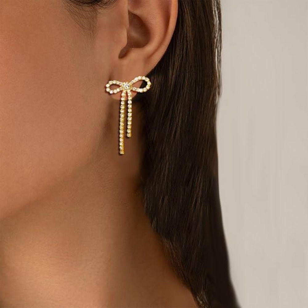 Sparkly Rhinestone Long Dangle Earrings Jewelry Accessories Bowknot Ear Stud Bow Earrings