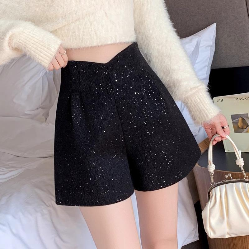 French Sparkly High-Waisted Woolen A-Line Shorts - Women's Autumn/Winter Slimming Wide-Leg Booty Pants