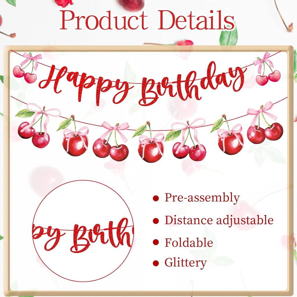 Cherry Birthday Party Decorations - Cherry Themed Banners Decoration Pink Bow Fruit Cake Topper Decor Supplies for Girls Women