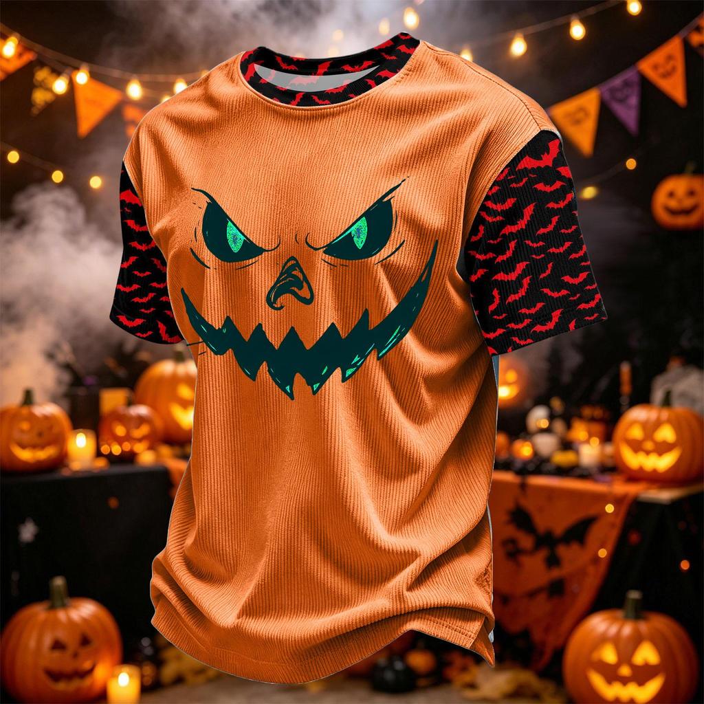 Men's Casual Corduroy Short Sleeve Crew Neck Lightweight Breathable Top Halloween Print Design Comfortable Fit