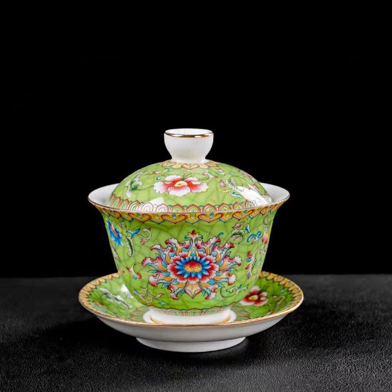 Large Ceramic Teapot Set with Hand Painted Flowers Home Tea Brewing Kungfu Tea Kit with Handle