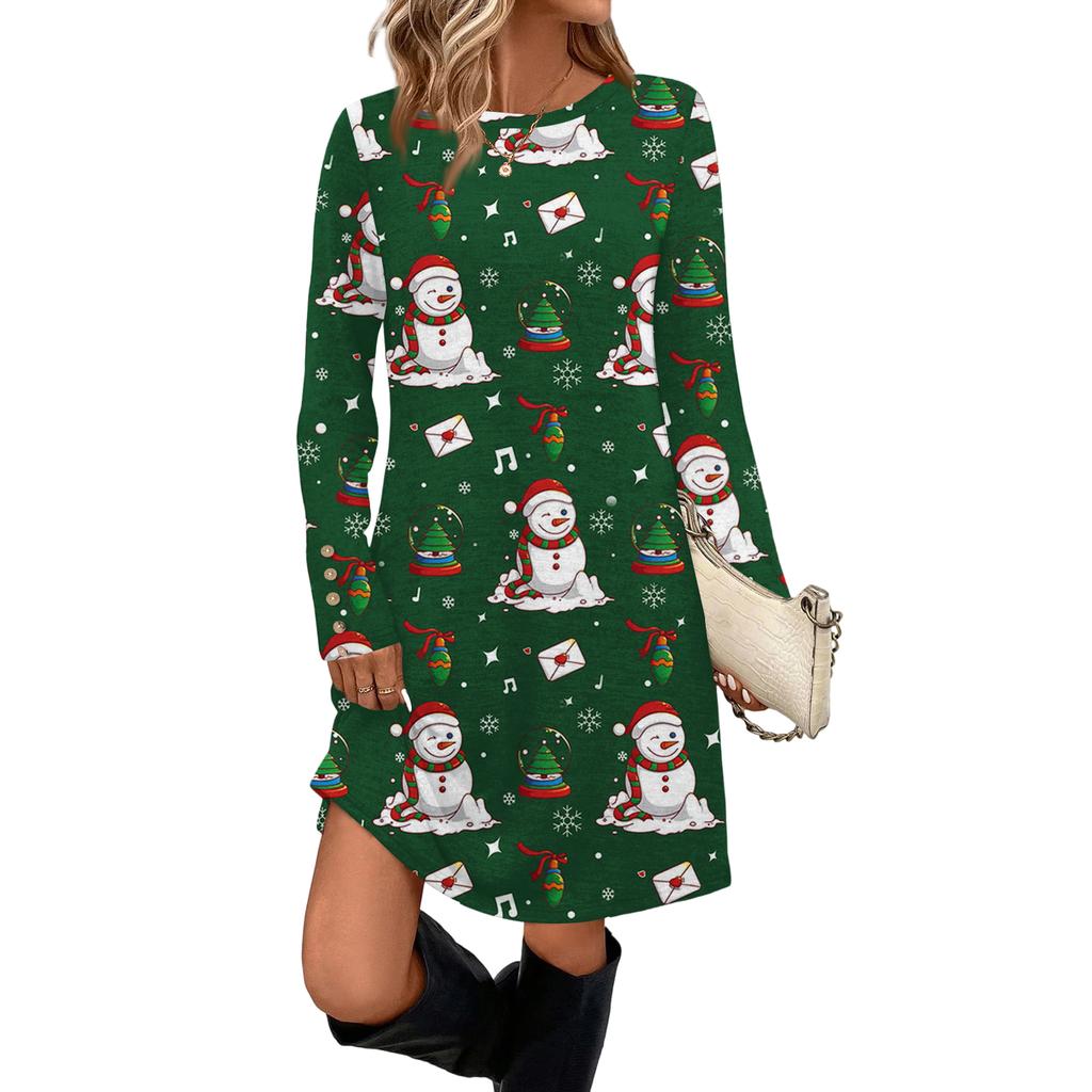 Women's Fashion Casual Dress With Pockets, Decorative Buttons, Christmas Prints, Round Neck And Long Sleeves