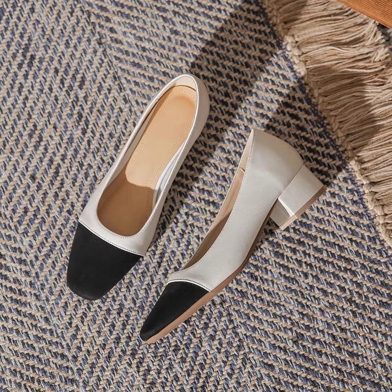 Color Matching Thick Heel Single Shoes Women's Autumn New Versatile Medium Heel Light Mouth Scoop High Heels