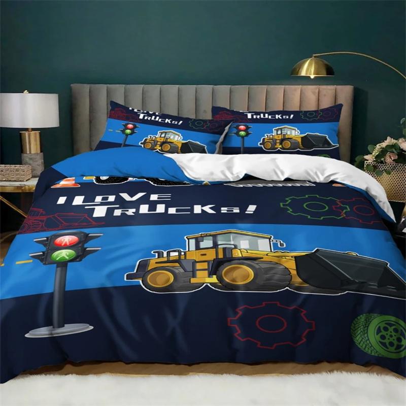 Kids Excavator Tractor Truck for Children Boys Girls Bedroom Decor Construction Vehicle Cartoon Duvet Cover Crane Quilt Cover