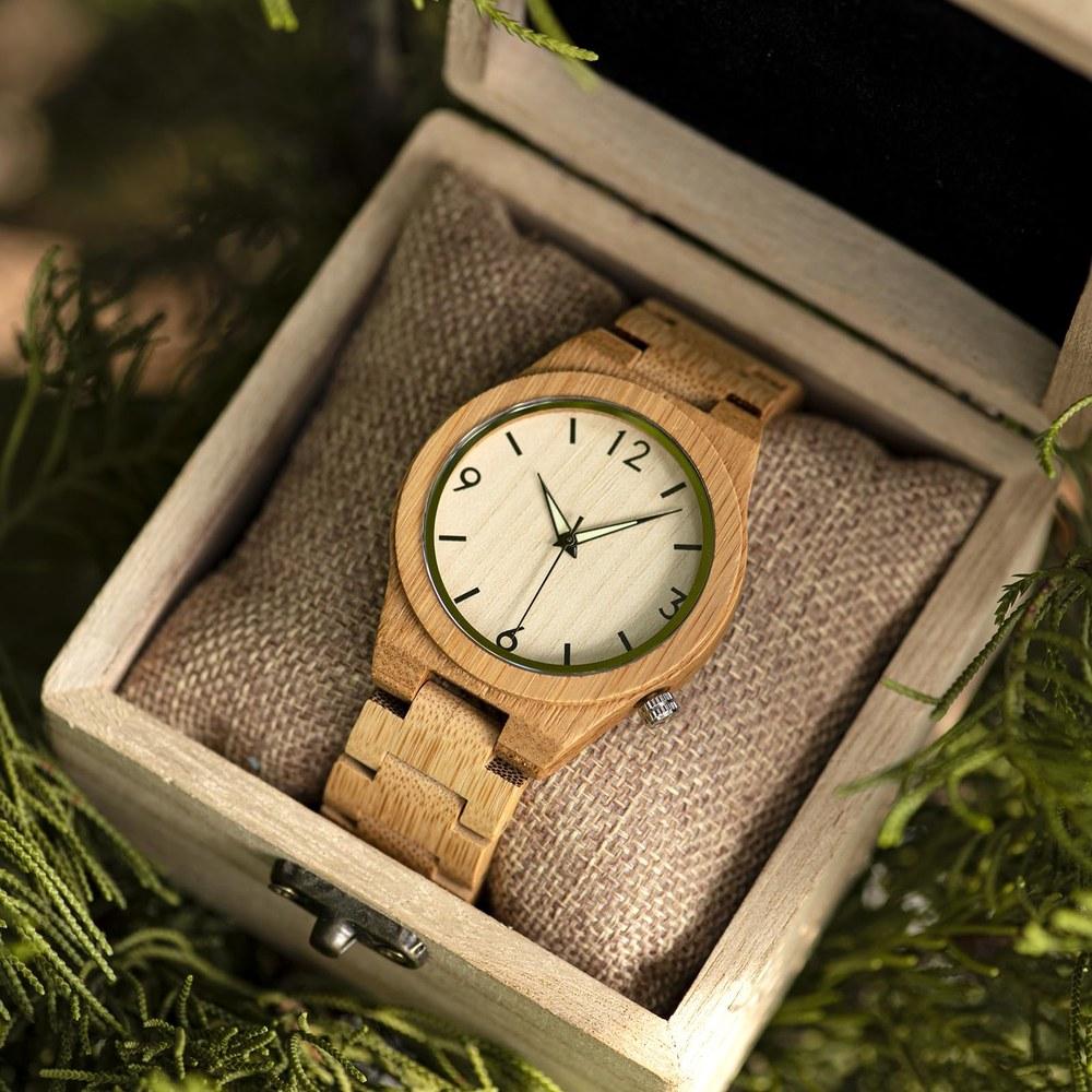 BOBO BIRD Men's Bamboo Wooden Watch Quartz Numeric Scale Lightweight Casual Sports Luminous Silver Hands Gift Box