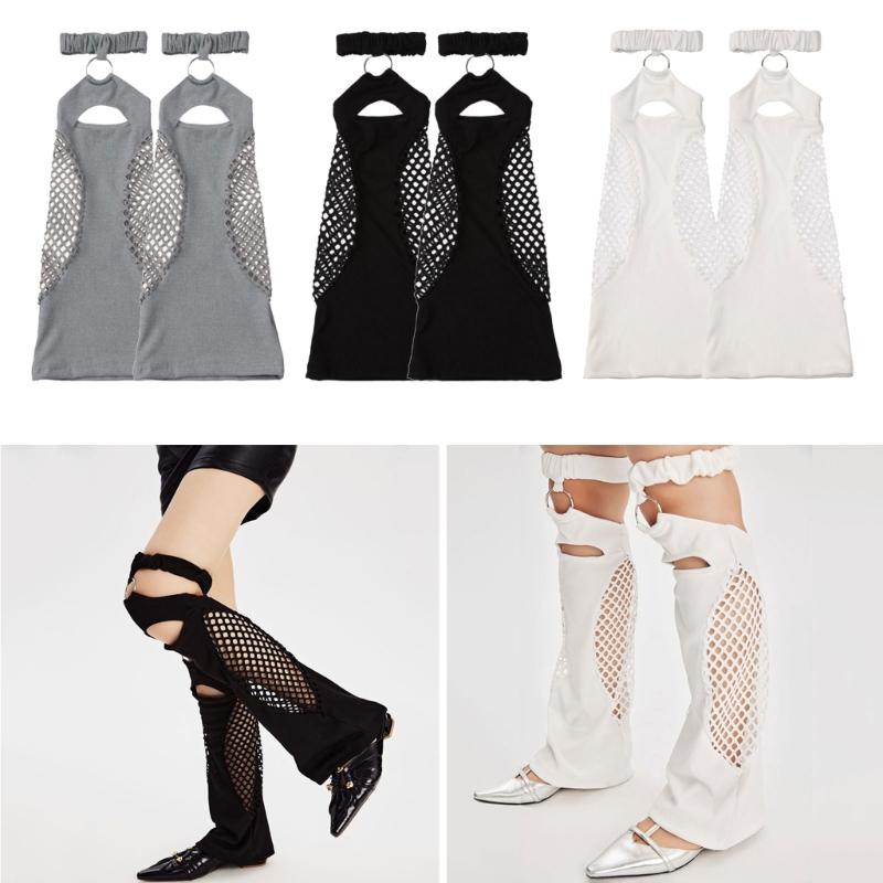 Women Harajuku Suspender Flared Leg Warmer Aesthetic Punk Garters Stockings Hollow Out Fishnet Leg Cover Streetwear