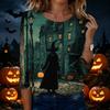Women's Casual Halloween Print Round Neck Three Quarter Sleeve T Shirt Top Lightweight Comfortable Fit Seasonal Design