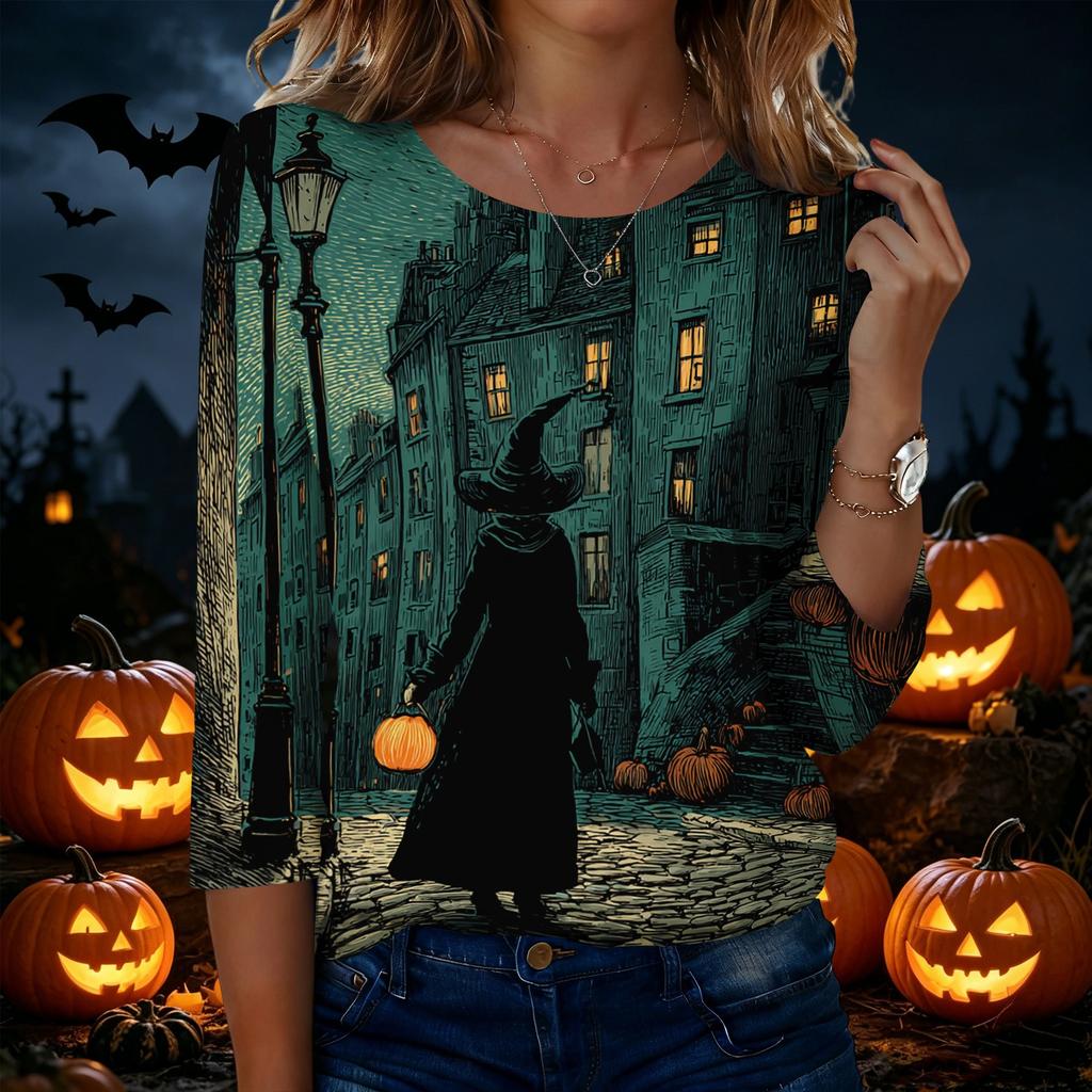 Women's Casual Halloween Print Round Neck Three Quarter Sleeve T Shirt Top Lightweight Comfortable Fit Seasonal Design
