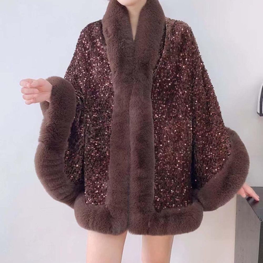 Warm Plush Shawl Autumn Winter Thicken Cardigan Soft Fur Collar Sequined Shawl