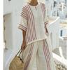 A New Summer Women's Clothing, Printed Striped Color Matching Medium-sleeved Crew Neck Top, Straight Casual Suit.