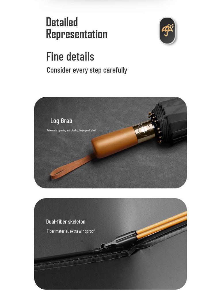 24-ribbigt automatiskt öppnande paraply med trähandtag i XL-storlek, vindtätt, svart solskyddsparaply för män och kvinnor, dubbelanvändning för soliga/regniga dagar