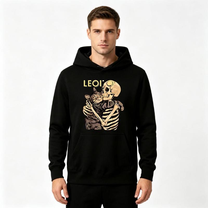 Men Funny Skeleton Hug Cute Cat Leo Print Hoodie Casual Long Sleeve Streetwear Pullover Hooded Sweatshirt Autumn Winter Daily Warm Tops