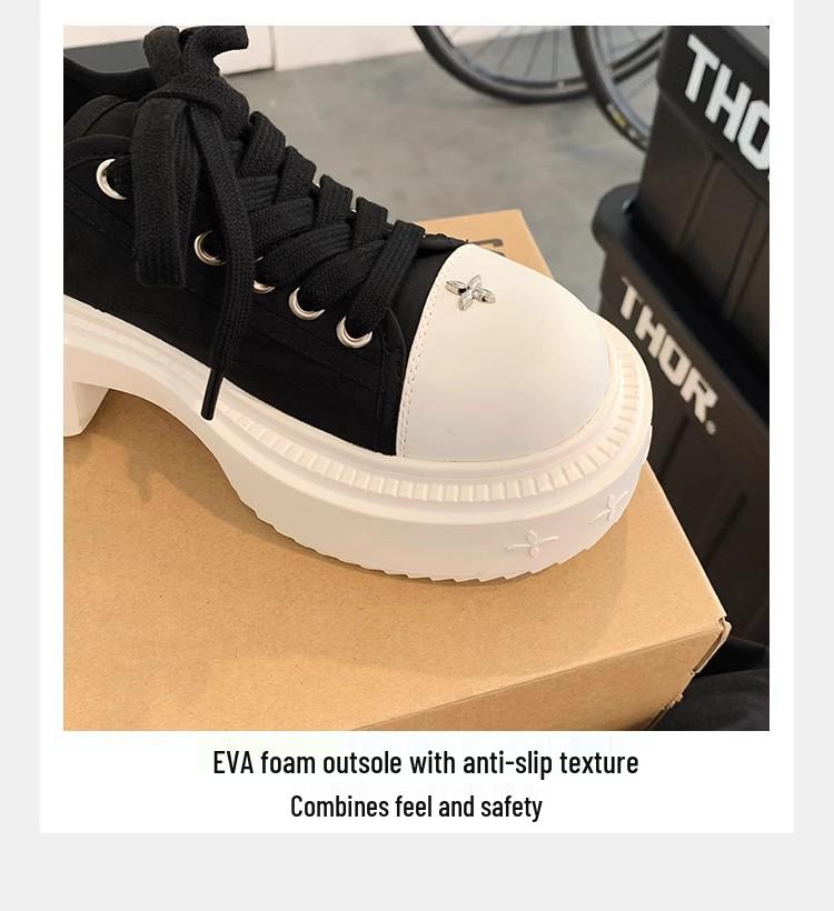 Grape Mom's Style White Canvas Shoes - Women's Lace-Up, Large Round Toe, 7cm Thick Sole, Height-Increasing, Casual Autumn/Winter Footwear