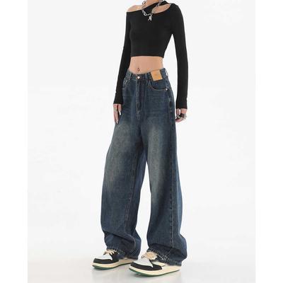 Damen Schlagjeans High Street Y2k Freizeithose Damenmode Schwarz Blau Weit Locker Denimhosen