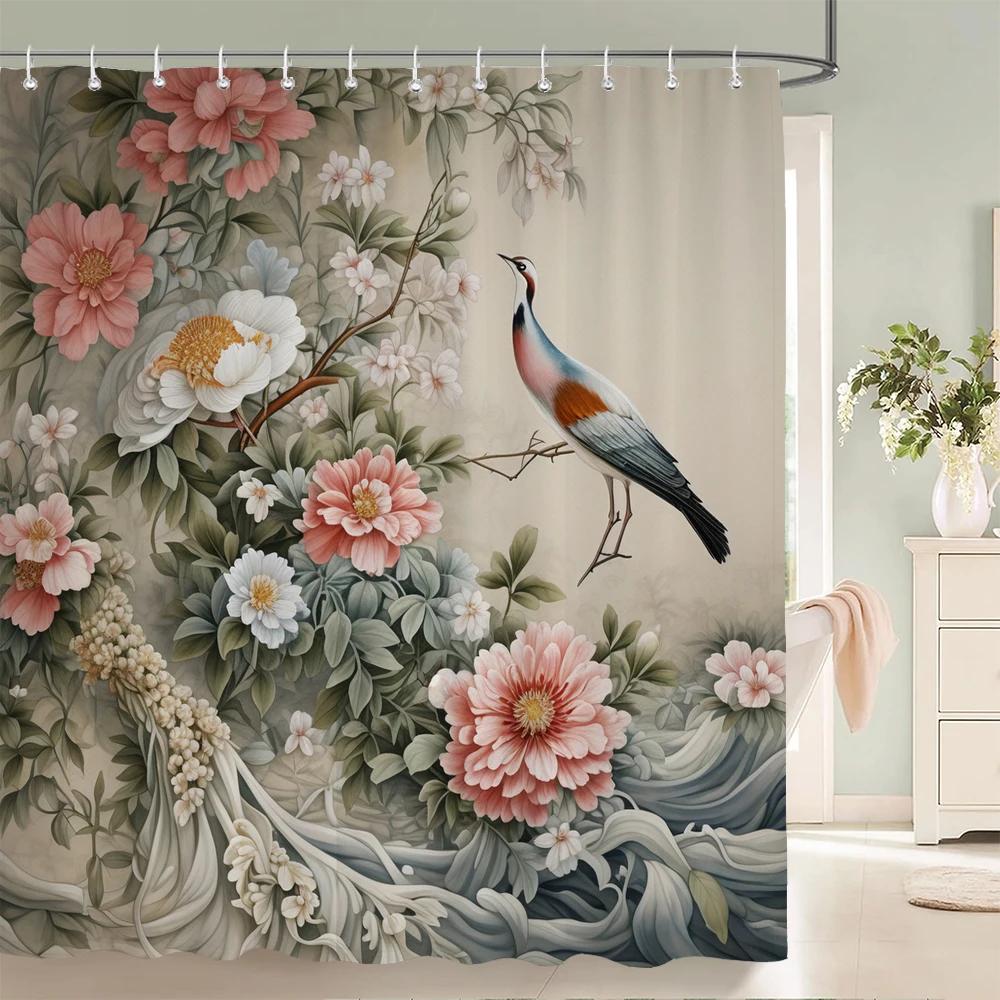 

Chinese Style Plum Blossom Birds Shower Curtain, Texture Fabric Bathroom Decor Waterproof Flowers Bathroom Curtains With Hooks W60H190(CM)-1 Pcs