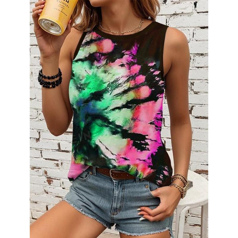 Mode Neu Batik 3D Druck Damen Tanktops Sommer O-Ausschnitt Lässiges Weste Schulterfrei Y2k Ärmelloses Oberteil Camisole Damen Kleidung