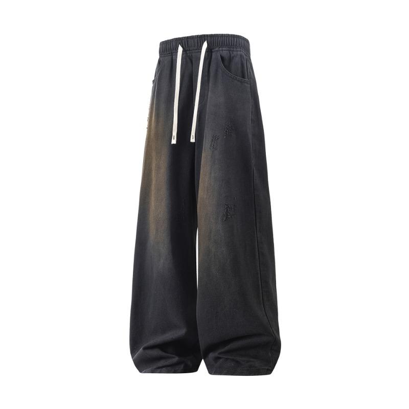 

Men s Washed Black CasualBaggy Jeans Elastic Waist Drawstring Wide Leg Denim Pants M