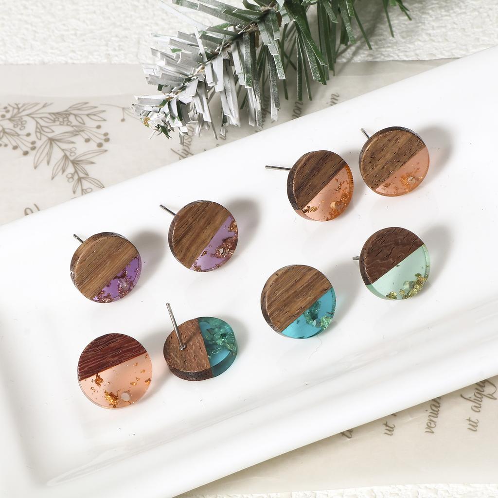 10 Stück Neue Harz-Steckohrringe mit Holzoptik, Ohrstecker-Komponenten für Damenschmuck, Rund, Mehrfarbig, Mit Öse, DIY-Ohrring, 14 mm Durchmesser