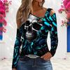 Women Plus Size Asymmetric Cutout Neck Cold Shoulder Fitted Long Sleeve Top Fire Motorcycle Printed Orange Black
