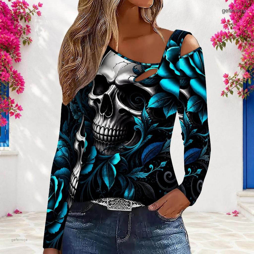 Women Plus Size Asymmetric Cutout Neck Cold Shoulder Fitted Long Sleeve Top Fire Motorcycle Printed Orange Black