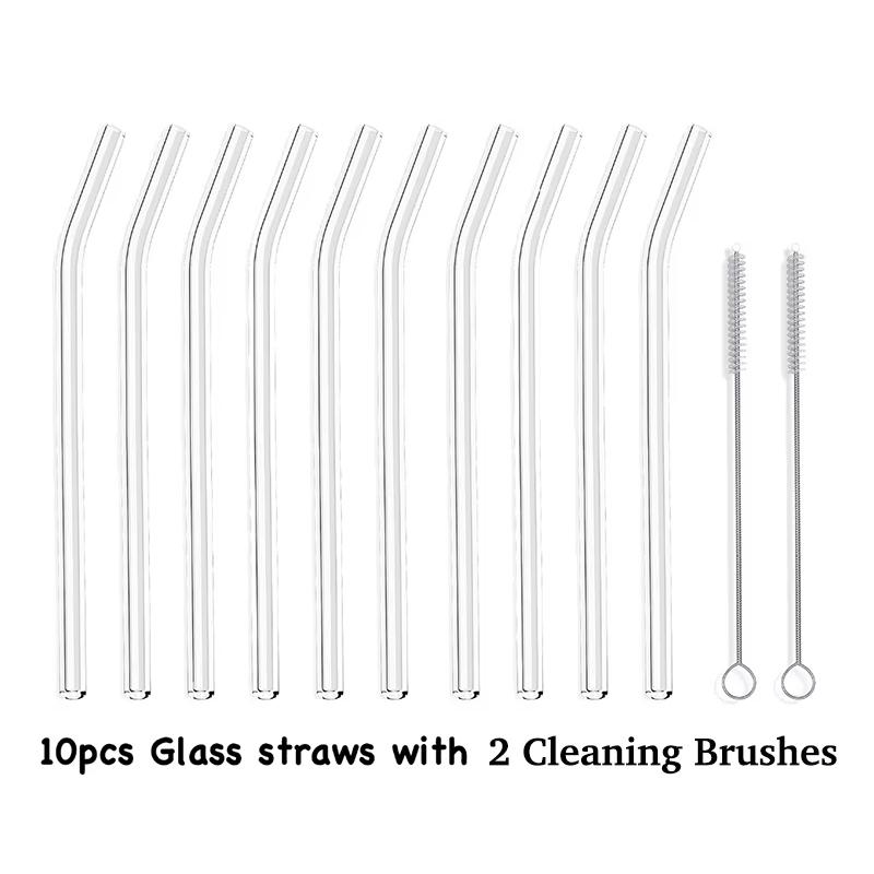 10PCS Glass Straws Clear Bent 20cm" x 8 mm - Perfect Reusable Straw For Smoothies, Tea, Juice --10 Pack With Cleaning Brush