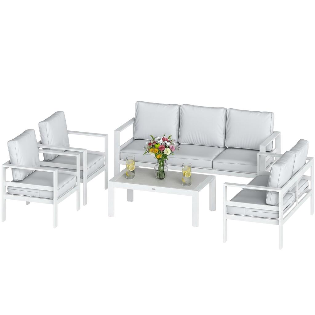 5 Pieces Aluminium Garden Furniture Set with Olefin Cushions, Extra Deep Outdoor Garden Sofa Set, White