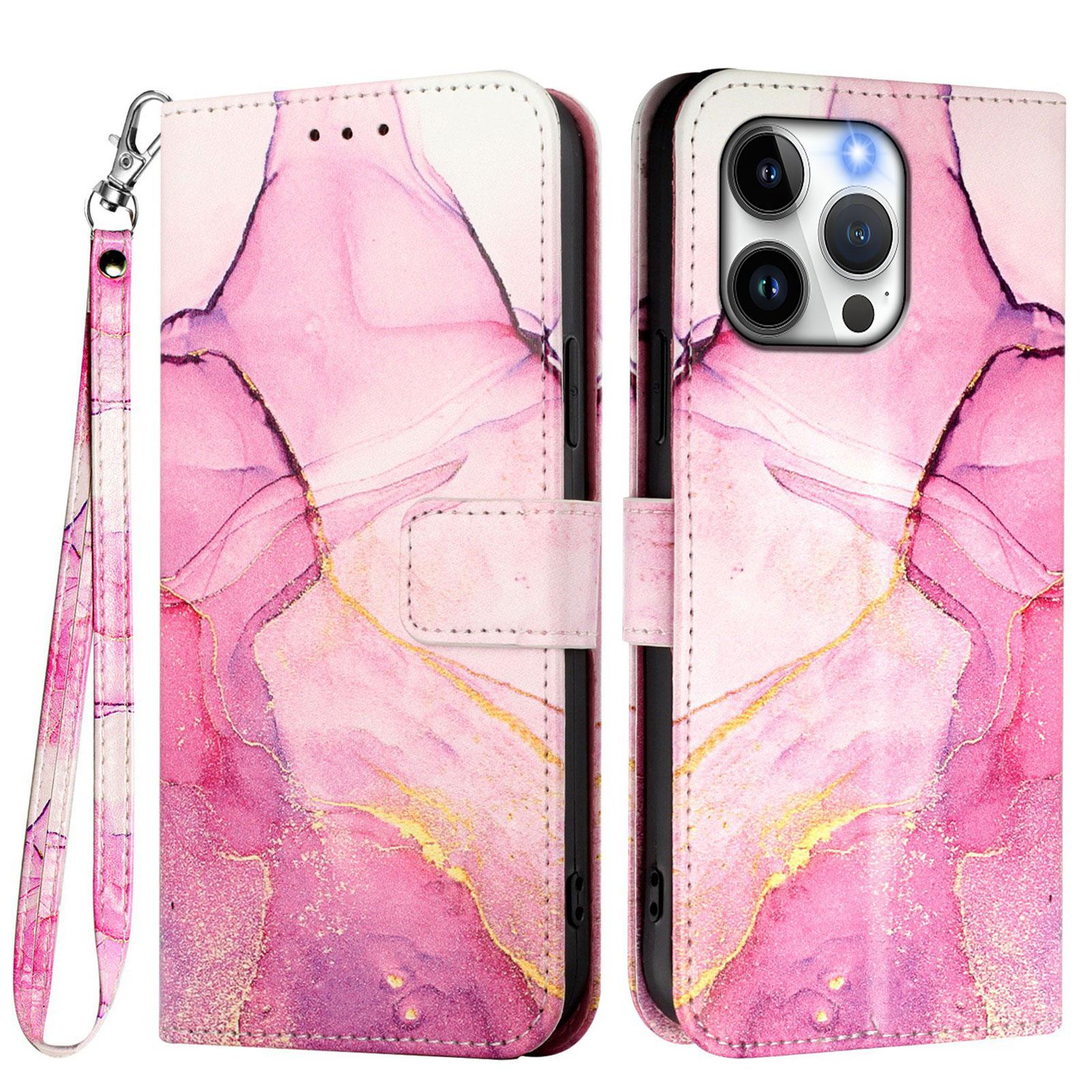 For iPhone 16e Case with Strap Marble Pattern Leather Phone Cover Card Holder A