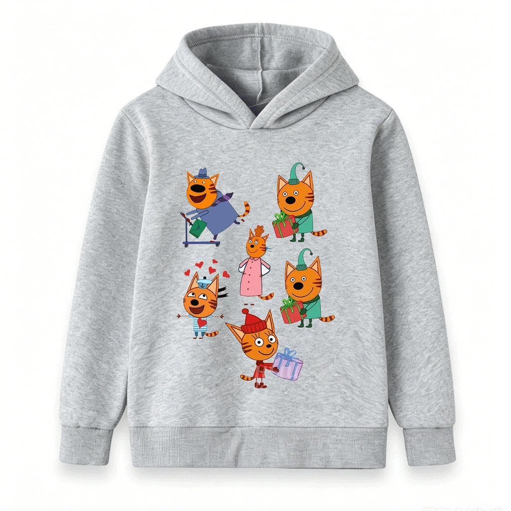 Kids Boys Girls Cartoon Cats Print Hoodie Casual Long Sleeve Pullover Sweatshirt for Daily Holiday Wear