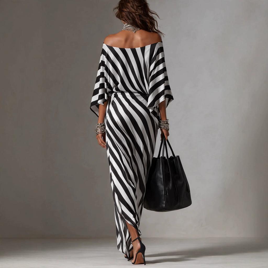 Black and White Striped Loose Dress, One-word Shoulder Bat Sleeve Side Kink Split Fork Light Luxury Women's Clothing