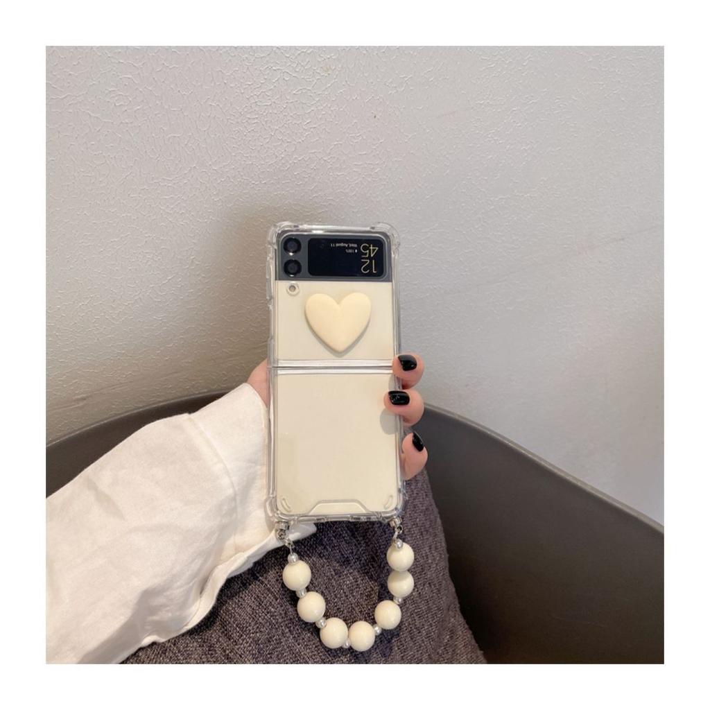 For Samsung Galaxy Zflip 3 Fashion Cute Simple Love Heart Portable Pearl Chain Shockproof Case Cover Z Flip 4 Z Flip Funda Para
