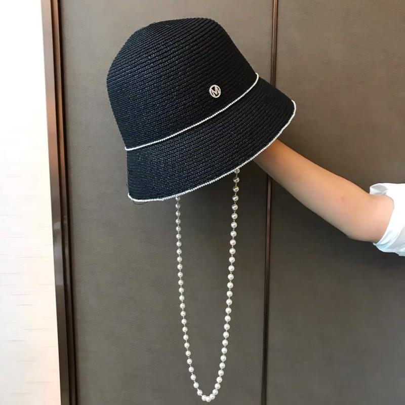 Pearl Chain Bucket Hat Straw Sun Women Beach Travel